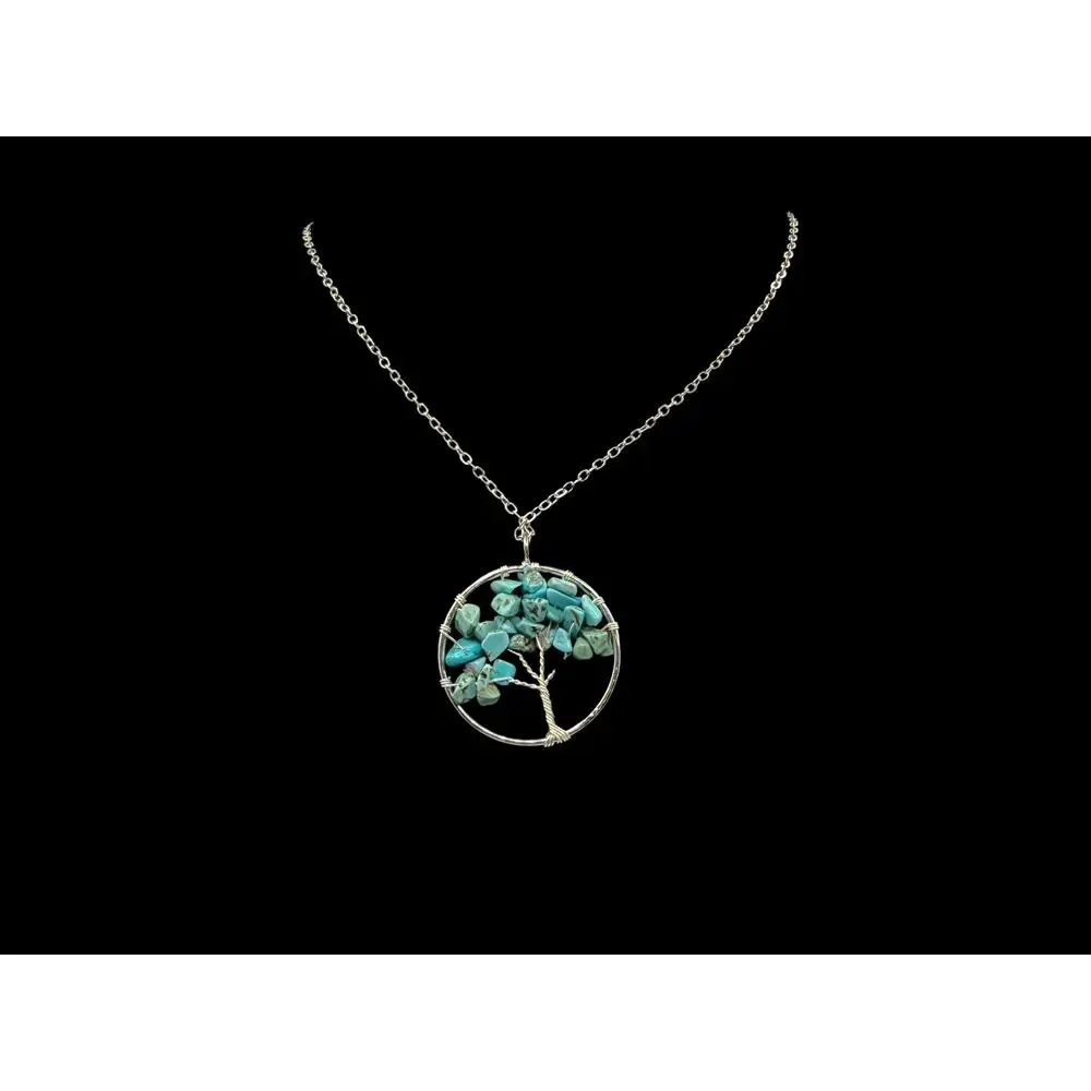 Turquoise Tree of Life Silver Necklace Crystal Pendant Fairycore Boho